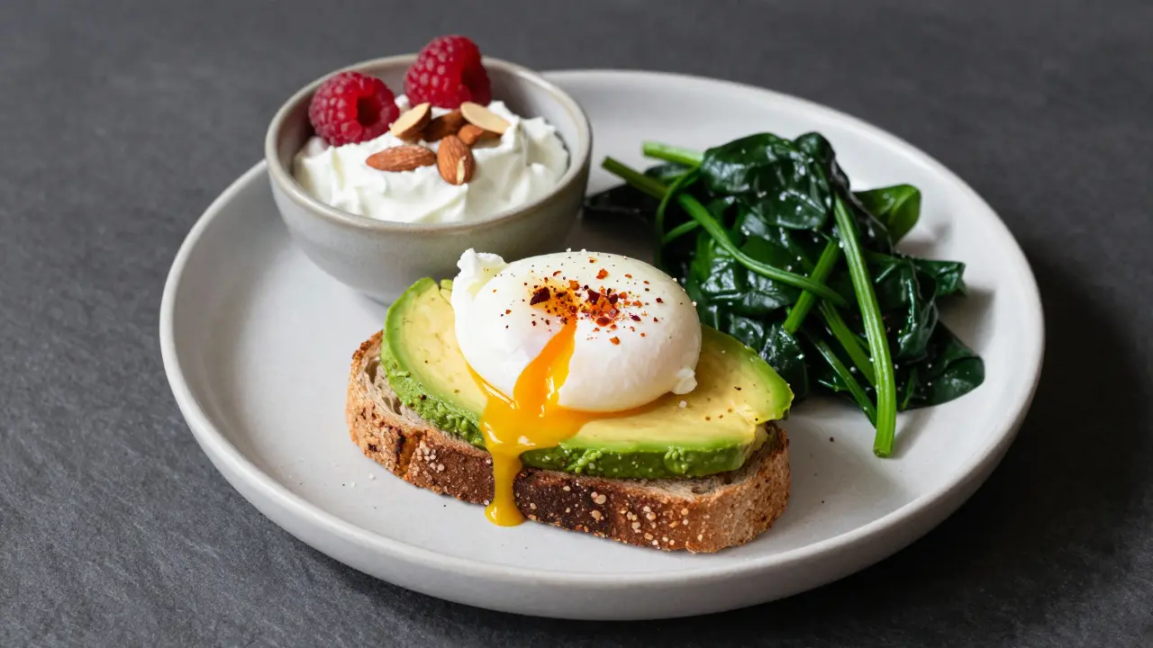 Avocado toast with poached egg and spinach, served with Greek yogurt and raspberries.