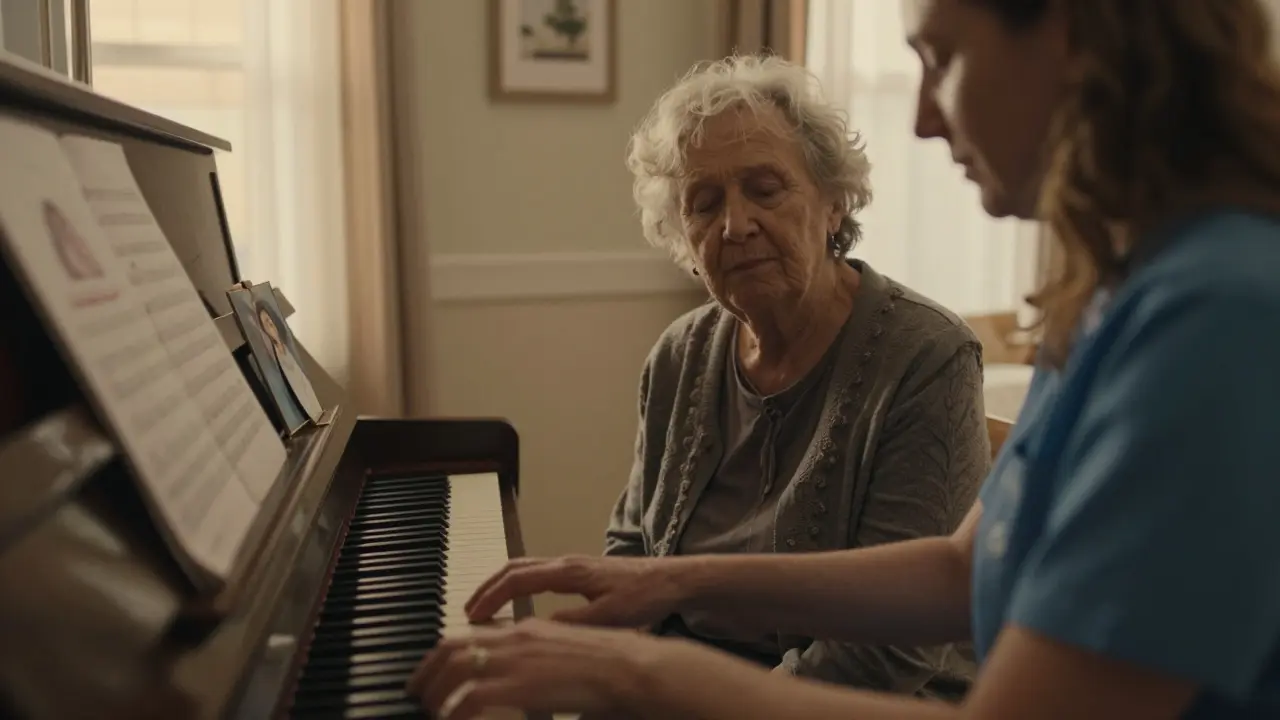 Elderly woman humming along to piano music with therapist in warm hospital room