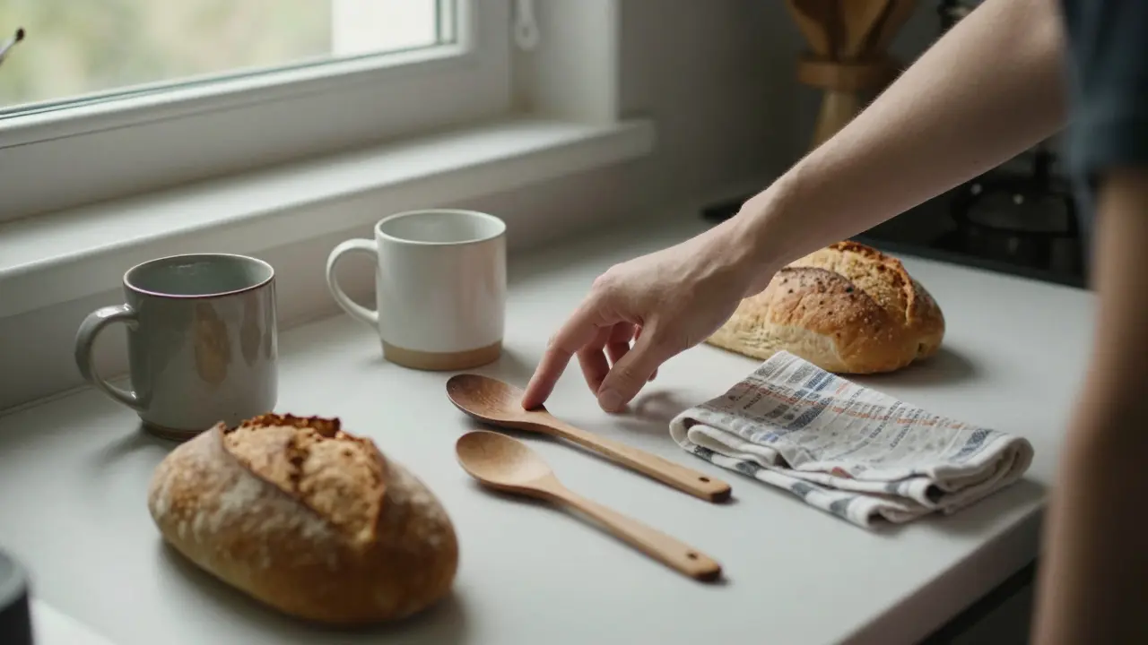 Hand touching five everyday objects during a sensory grounding exercise.