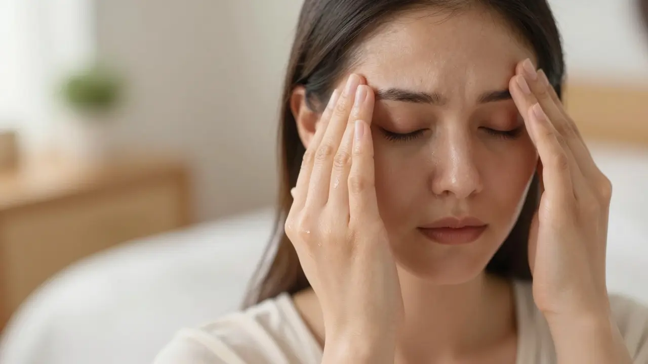 Hands gently applying diluted chamomile oil to temples and wrists in soft natural light.
