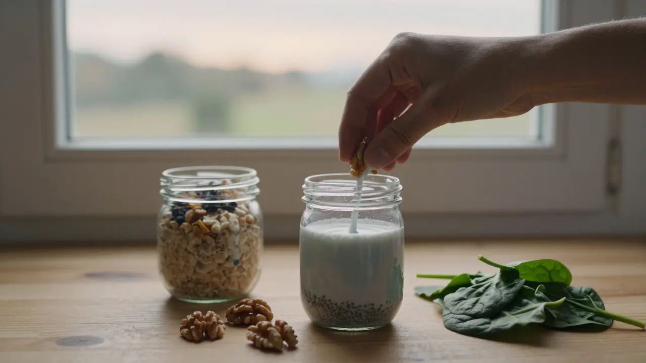 Hands mixing chia seeds with almond milk beside overnight oats and walnuts on a counter.