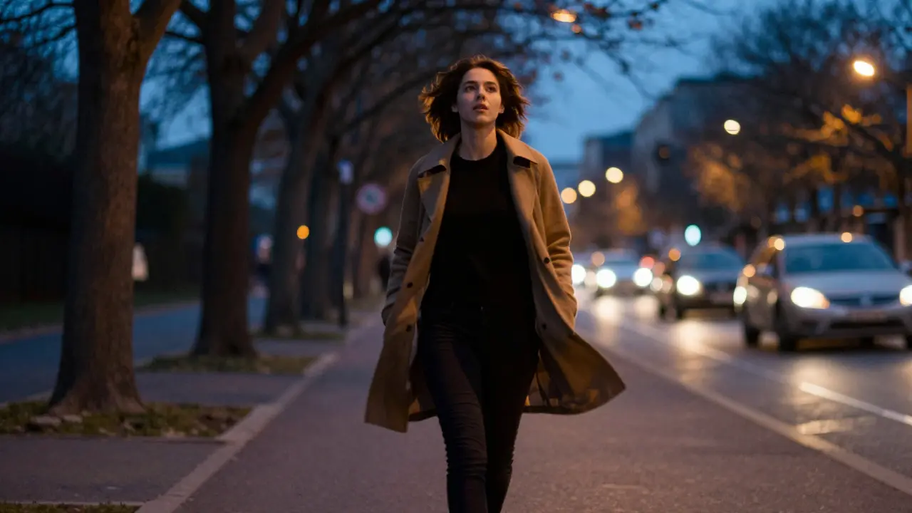 Person walking steadily along a tree-lined path at twilight, moving through stress.