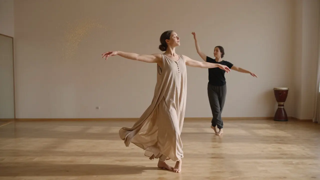 Woman spinning in dance therapy session as light filters through studio windows