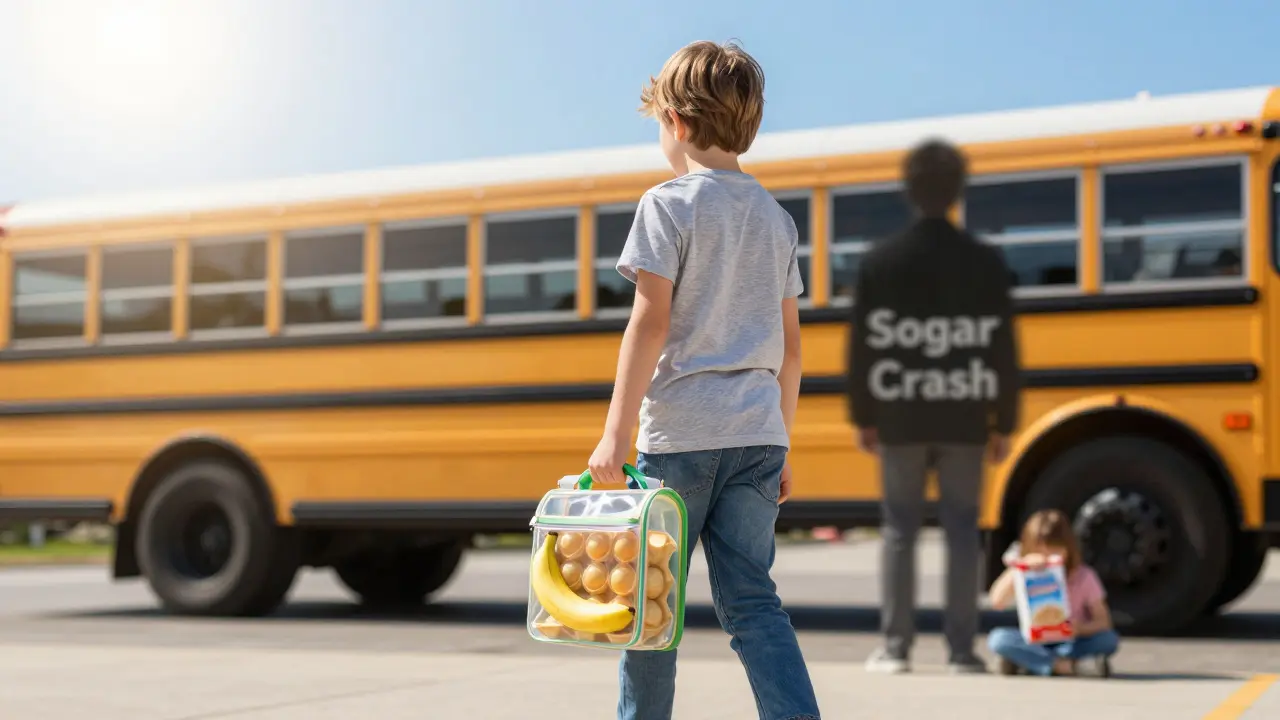 A child walking to school with nutritious breakfast, while a shadowy 'Sugar Crash' figure fades behind.