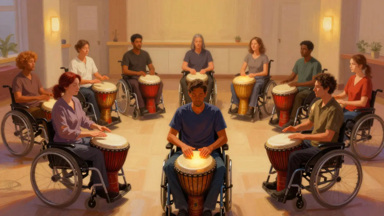 A diverse group of people drumming together in a cancer center, radiating calm and connection.
