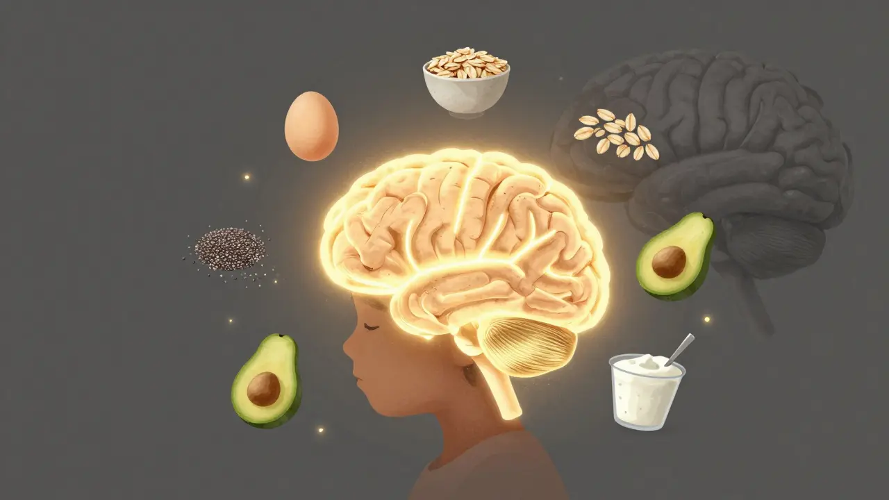 A glowing brain with healthy foods around it, contrasting with a dull brain representing skipped breakfast.