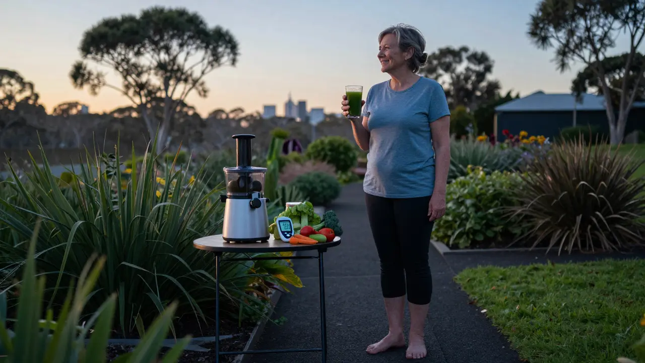 A person holding a glass of green juice at sunrise in a garden, with vegetables and a glucose monitor nearby.