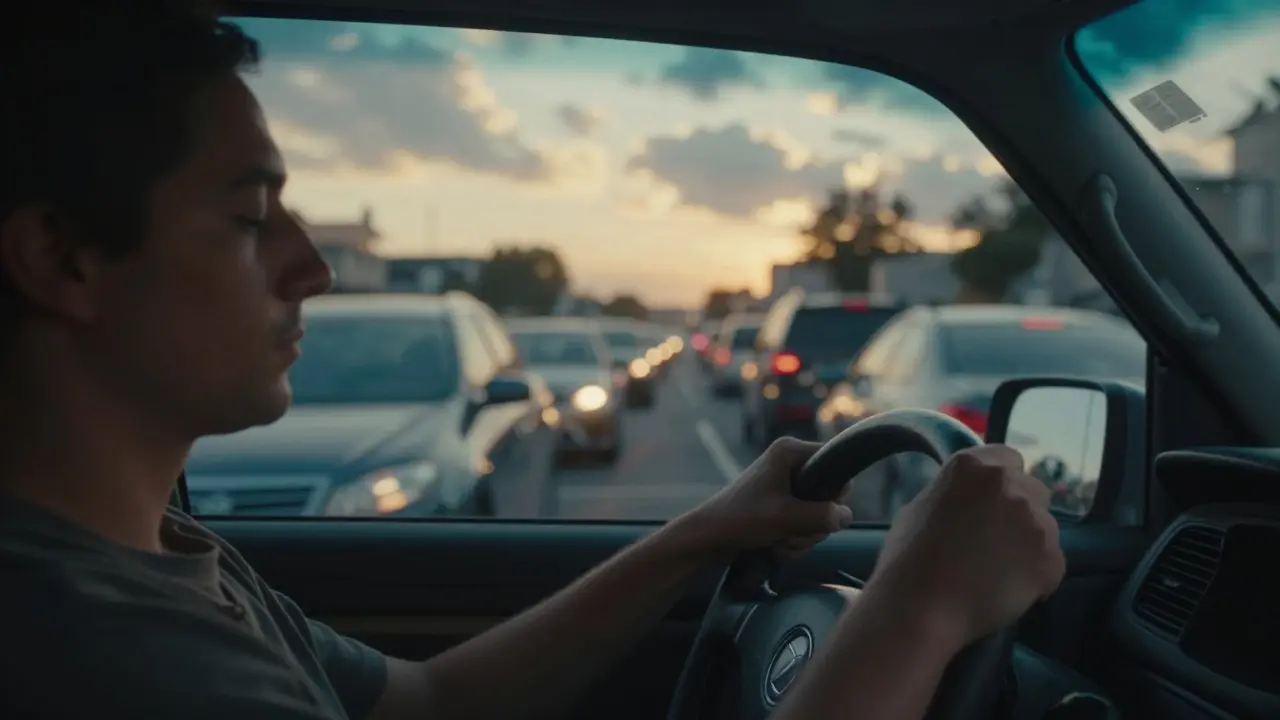 Driver breathing calmly during traffic jam.
