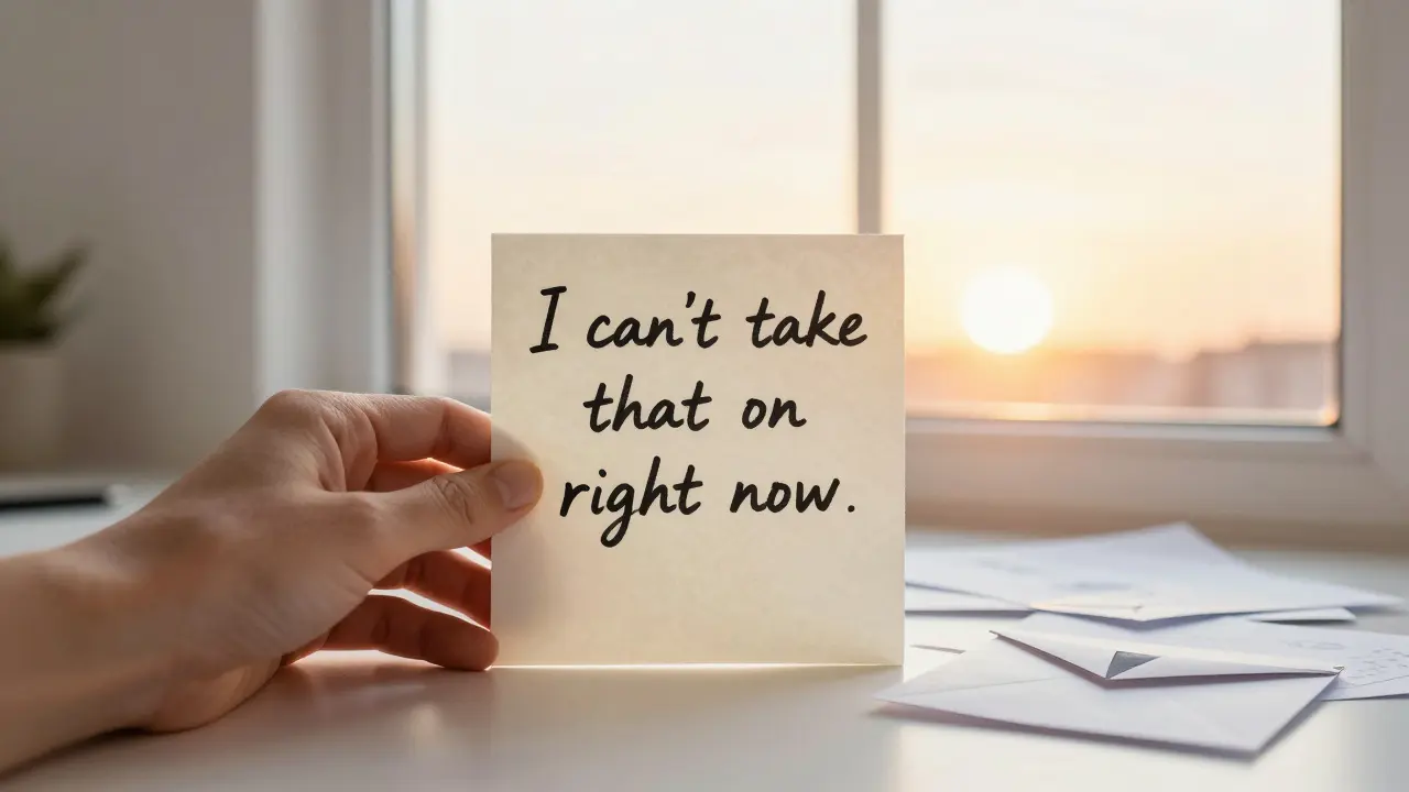 Hand writing a boundary phrase beside a sunrise window with scattered papers.