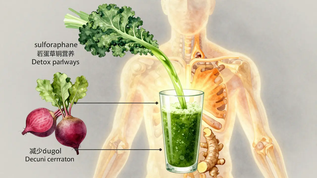 Internal view of a body glowing with nutrients as juice flows through it, showing cellular repair and detox pathways.