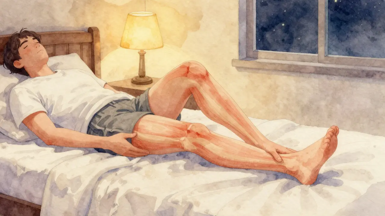 Person tensing and releasing leg muscles in bed.