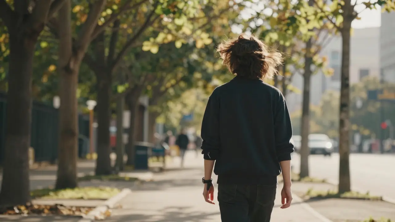 Person walking mindfully on a tree-lined path, phone away, observing nature.