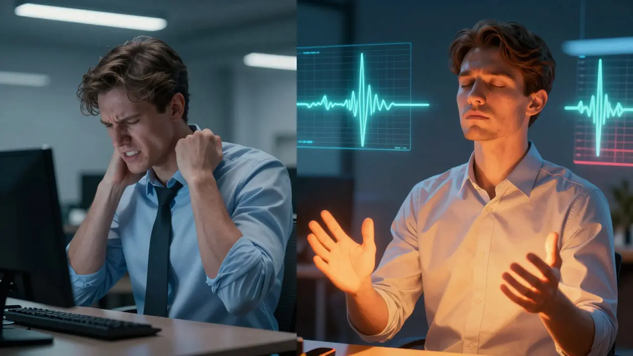 Split view showing a stressed office worker transitioning to calm with biofeedback visuals guiding their breathing.
