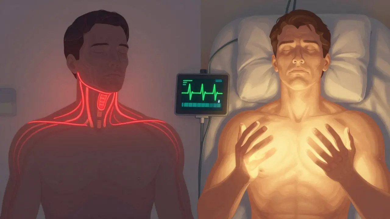 Split visual of a tense body versus a relaxed body with biofeedback data, showing tension release through color and light.