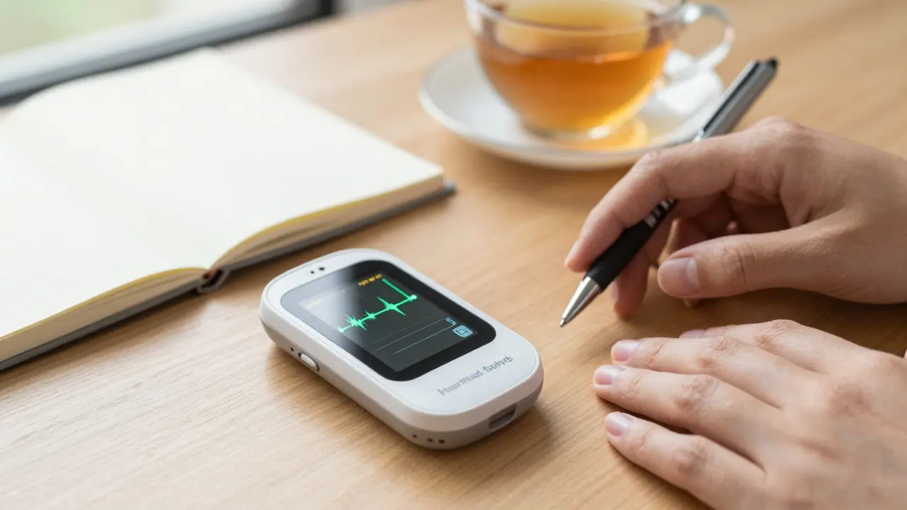 A handheld biofeedback device displaying a steady heart rate graph beside a journal and tea cup.