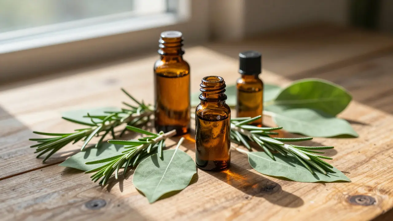 Amber essential oil bottles with fresh rosemary on wood