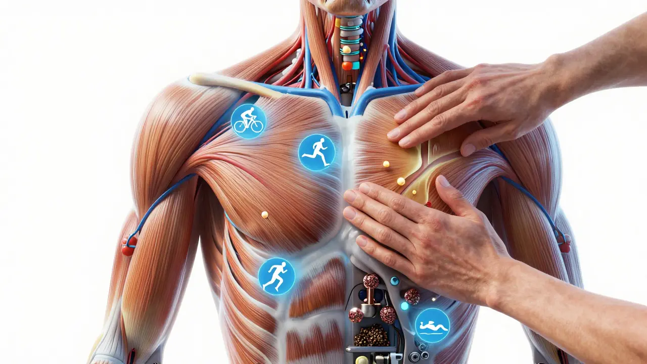 Artistic depiction of an athlete’s body as a machine, with blood flow and waste removal visualized during massage.