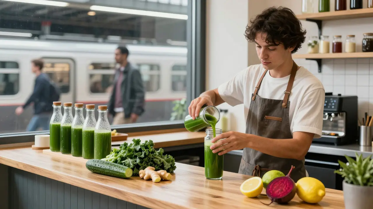 Barista preparing fresh green juice in a subway station juice bar
