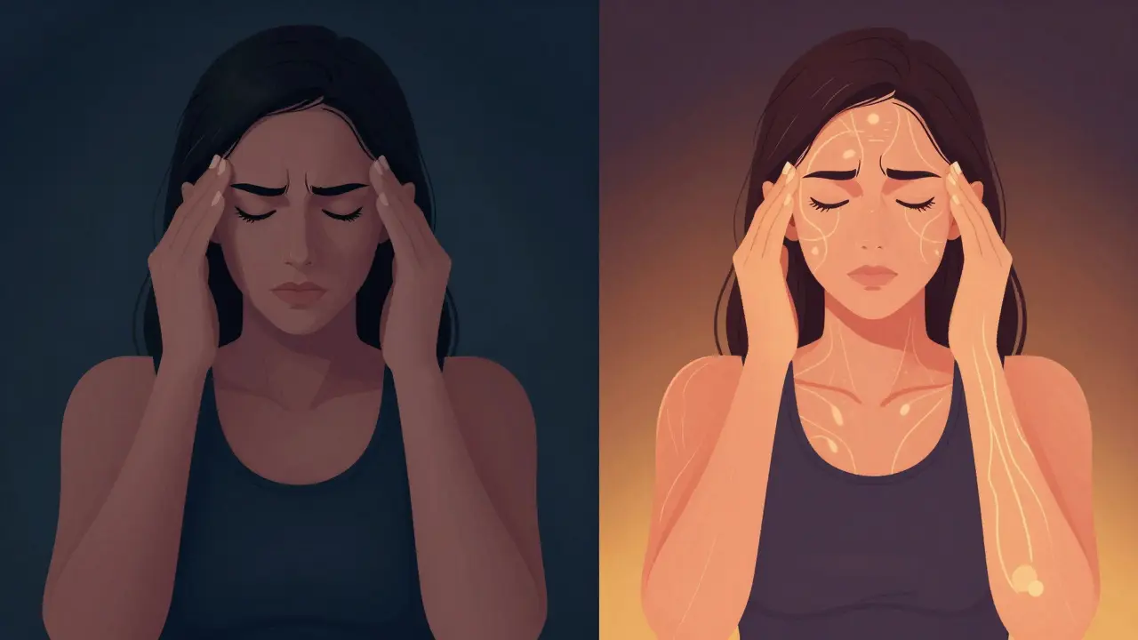 Before-and-after visual of a woman with migraines showing reduced muscle tension and improved circulation through biofeedback.
