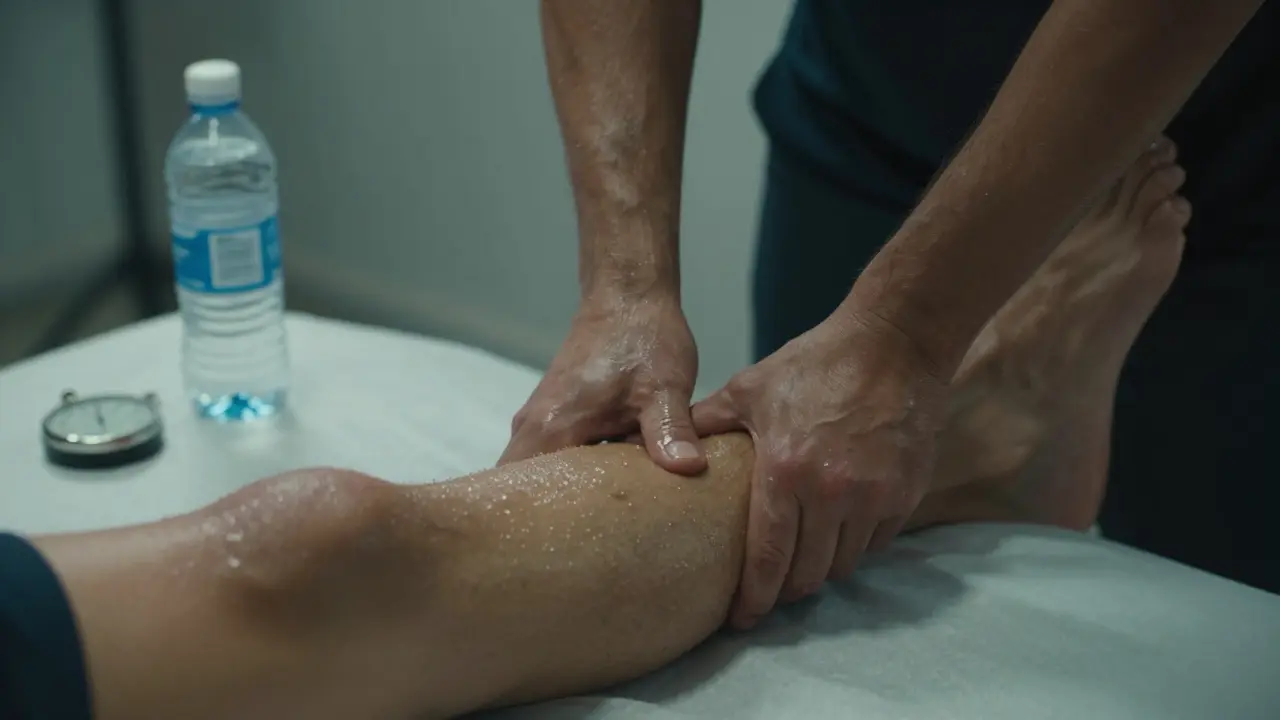 Close-up of a runner’s leg during post-race massage, therapist applying deep pressure to hamstrings and IT band.