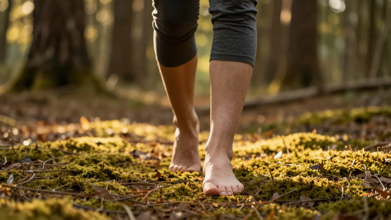 Close-up of bare feet walking slowly on green moss during early morning golden light