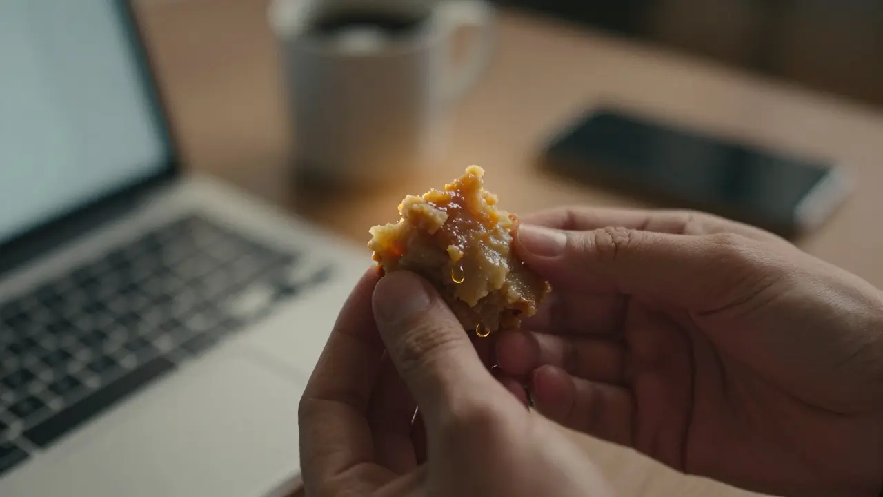 Close-up of chewed food with glistening saliva, blurred work distractions in background.