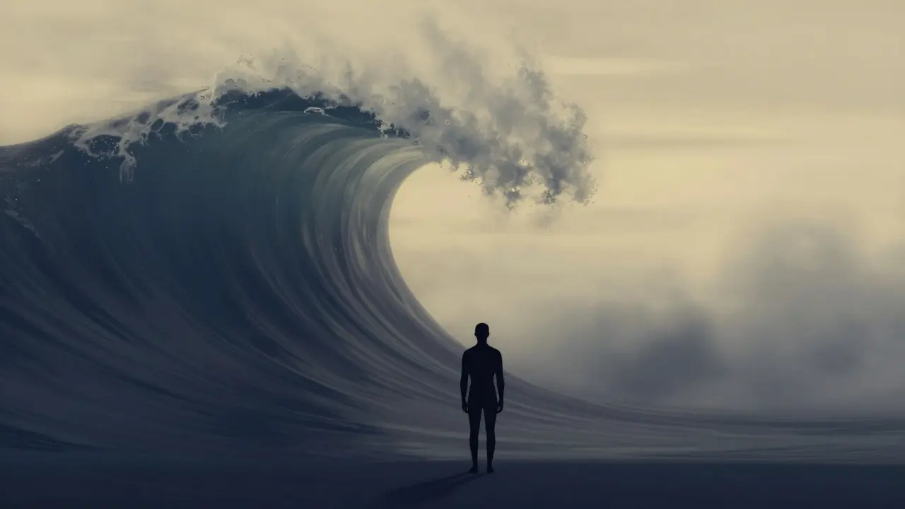 Human silhouette standing grounded as a large dark wave rises and recedes behind them