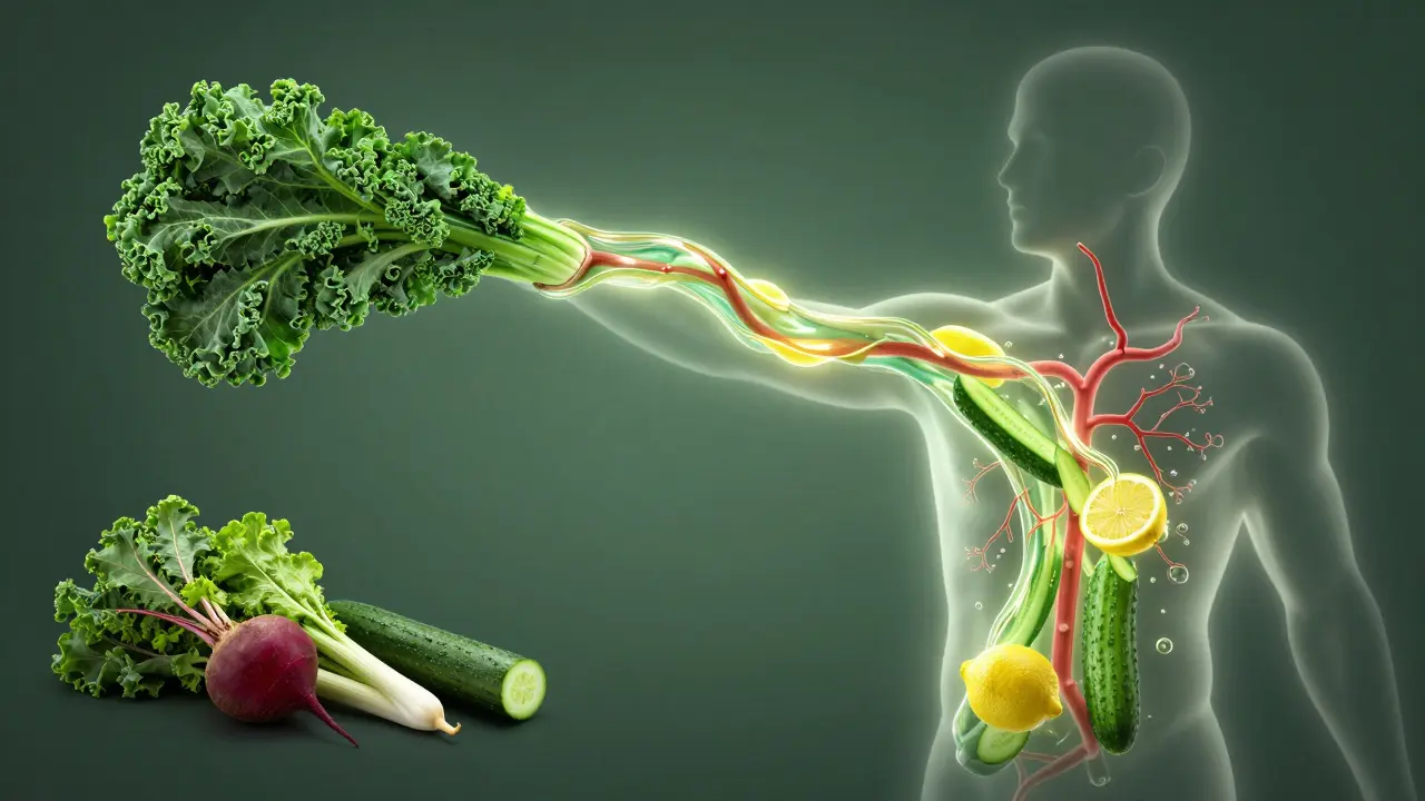 Silhouette of a body absorbing nutrients from juice while whole vegetables remain beside it