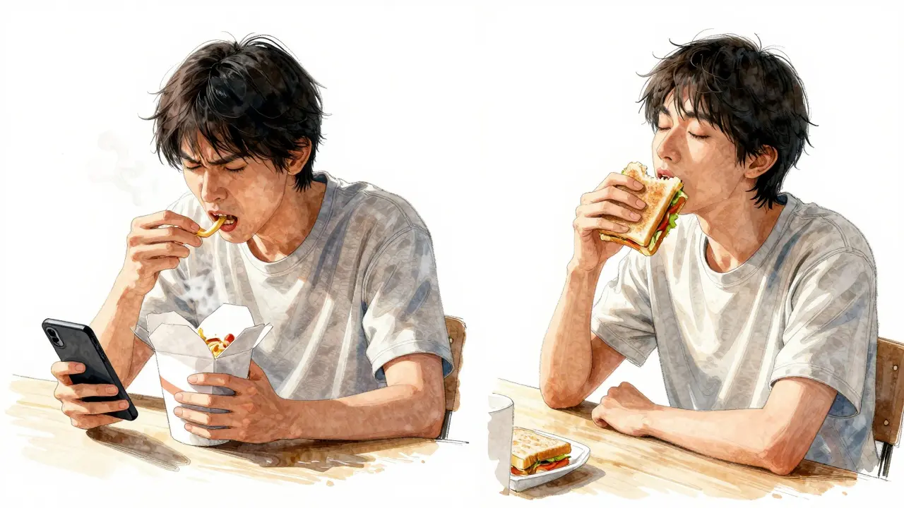 Split image: one side shows distracted eating at a desk, the other shows peaceful, mindful eating.