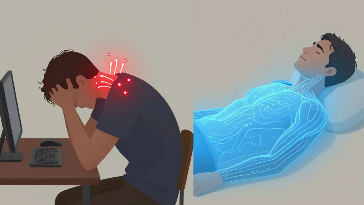 Visual contrast of muscle tension versus relaxation in the neck and shoulders using biofeedback.