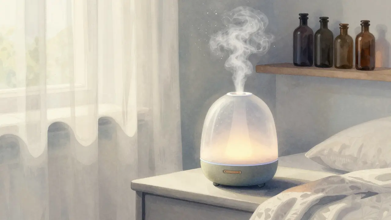 Watercolor painting of a diffuser in a sunlit room