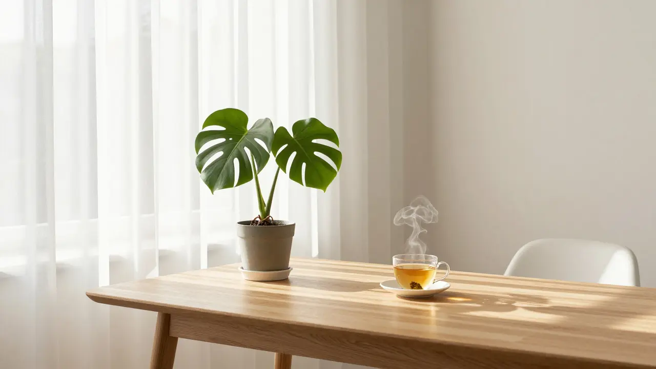 A clean, sunlit minimalist workspace with a green plant and a cup of tea.