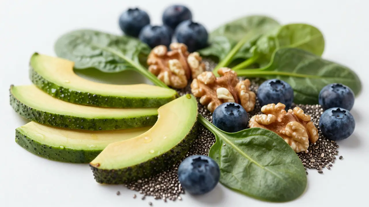 A colorful arrangement of superfoods including avocado, blueberries, walnuts, and spinach.