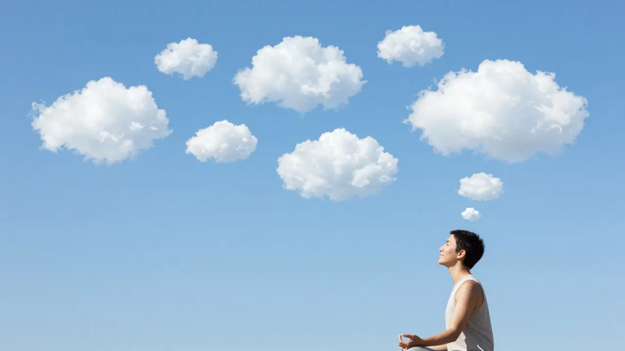 A person meditating while observing thoughts as clouds floating in a blue sky.