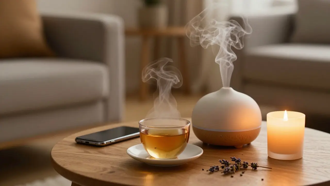 A relaxing home scene with an aromatherapy diffuser, a candle, and tea, with a phone placed face-down.