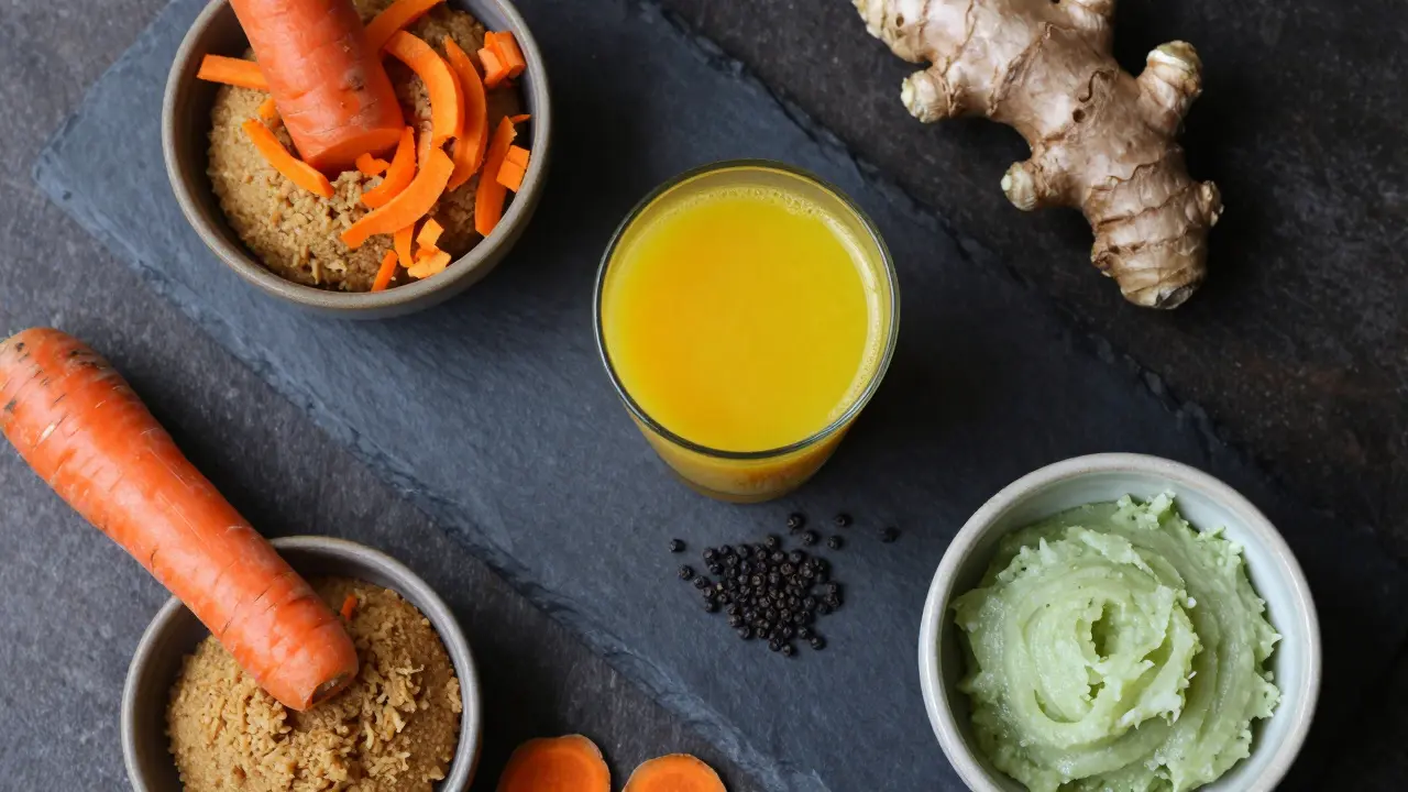 A turmeric ginger health shot surrounded by repurposed vegetable pulp for baking and skincare.
