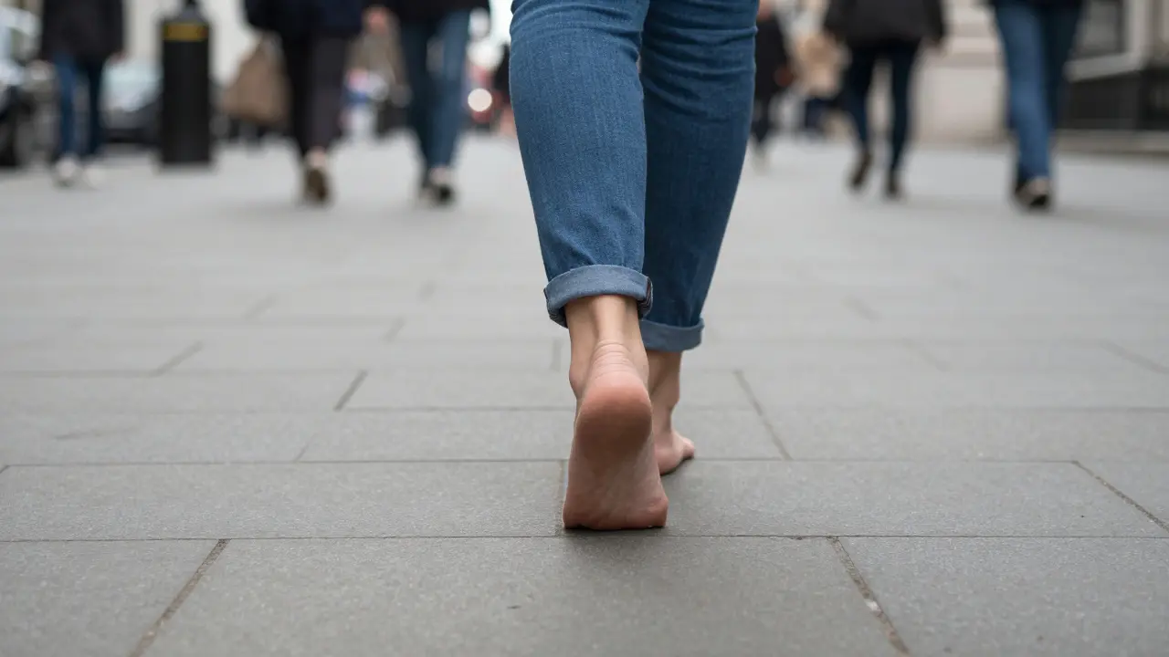 Close-up of feet walking mindfully on a city pavement.
