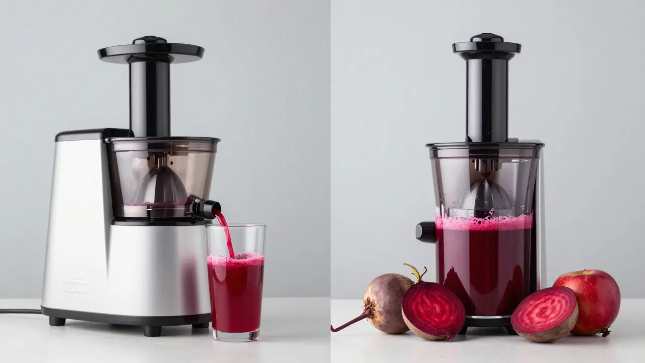 Comparison of a centrifugal juicer and a cold-press juicer with vibrant red beet juice.