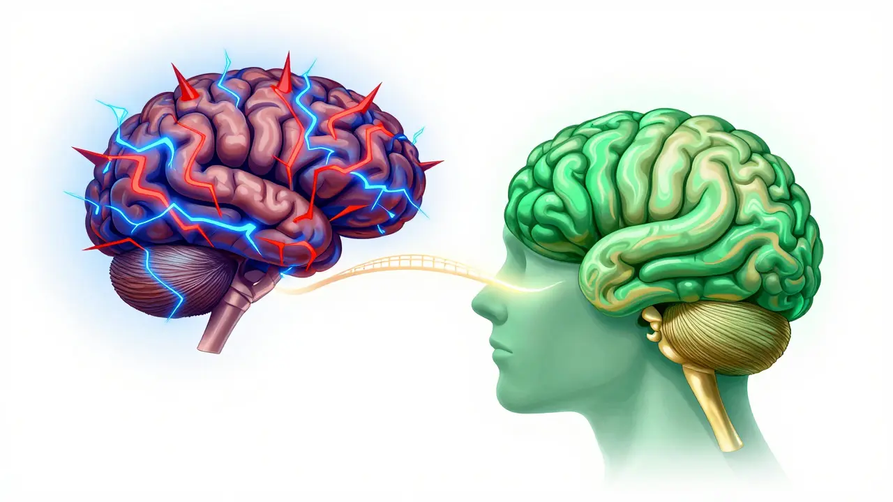 Conceptual art showing a brain transitioning from a chaotic storm to a serene river.
