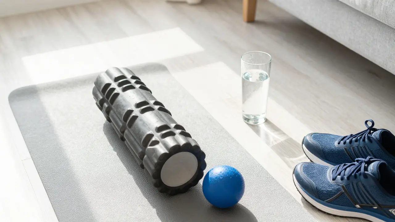 Foam roller and water bottle on a yoga mat for athletic recovery