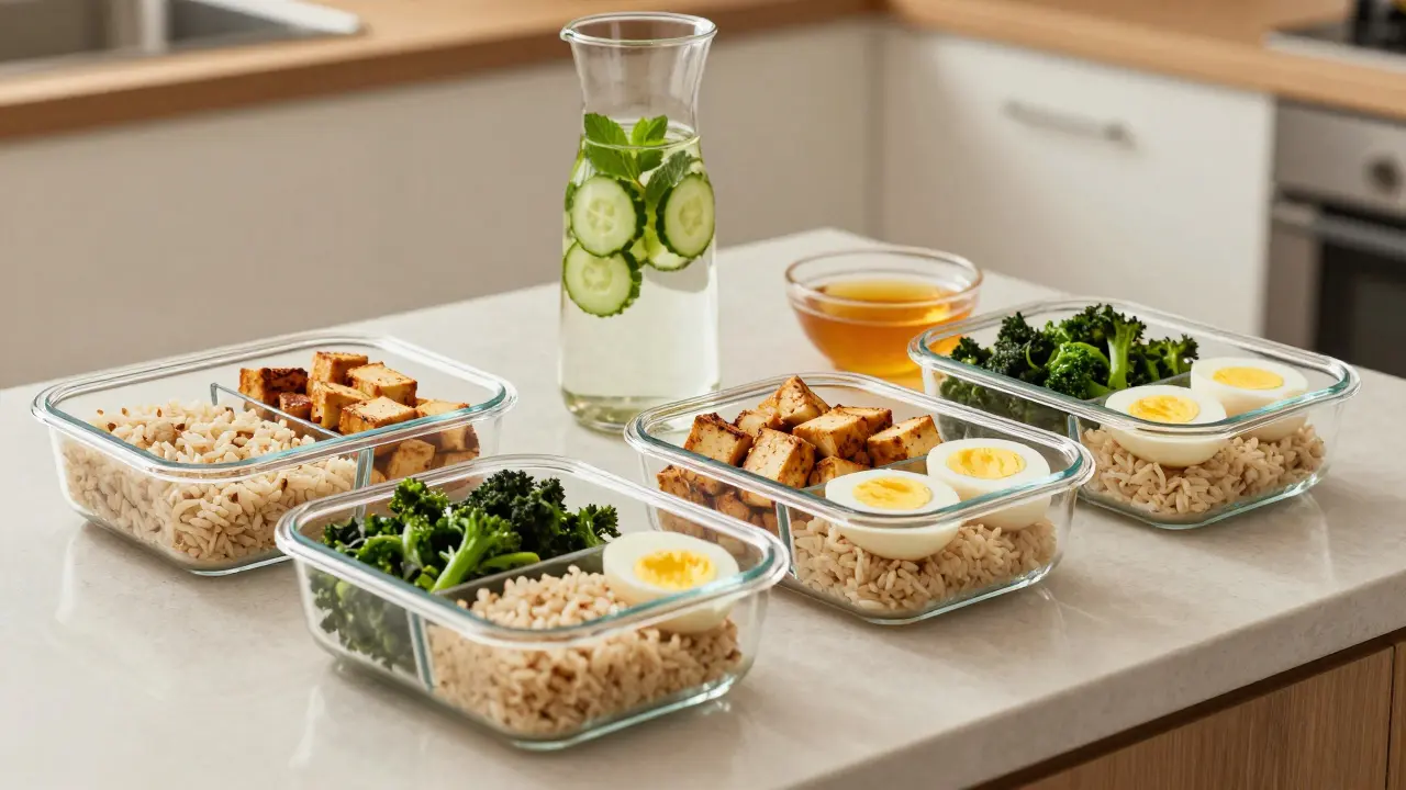 Glass meal-prep containers with prepped grains, proteins, and vegetables on a kitchen counter.