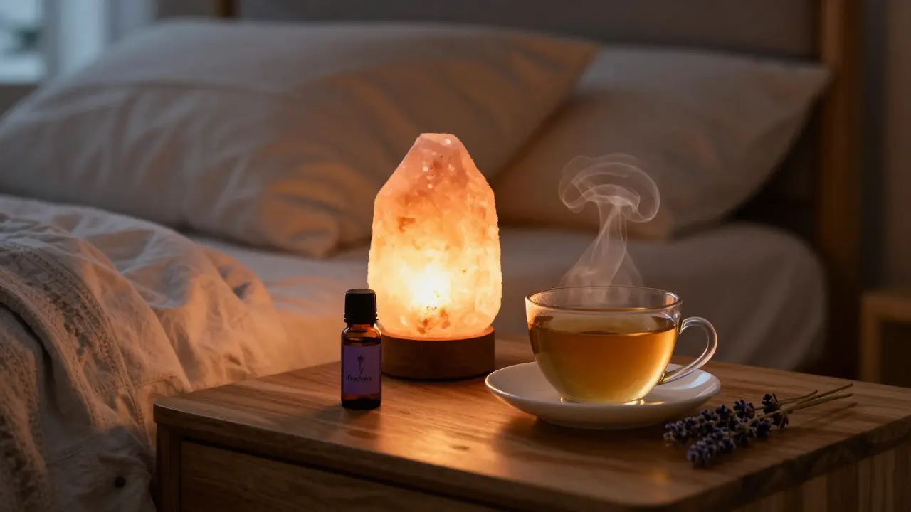 Peaceful bedroom sanctuary with warm amber lighting and lavender oil