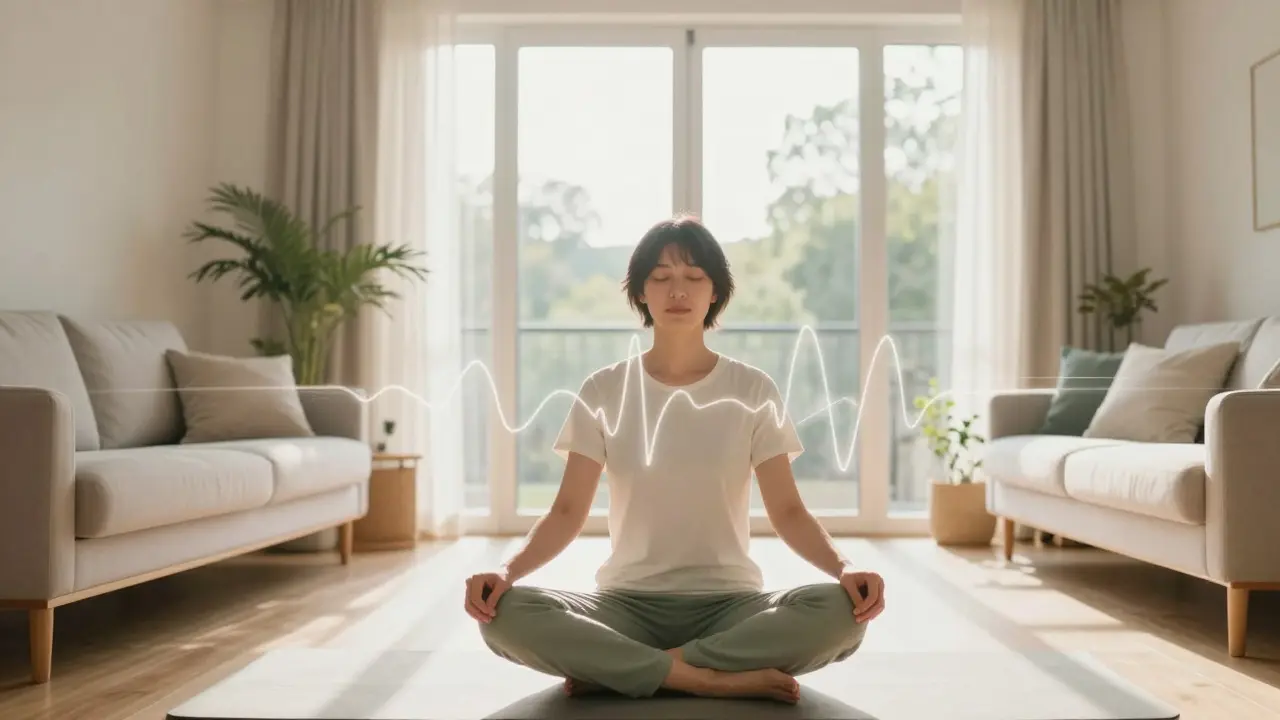 Person practicing deep breathing with a glowing sine wave symbolizing heart coherence