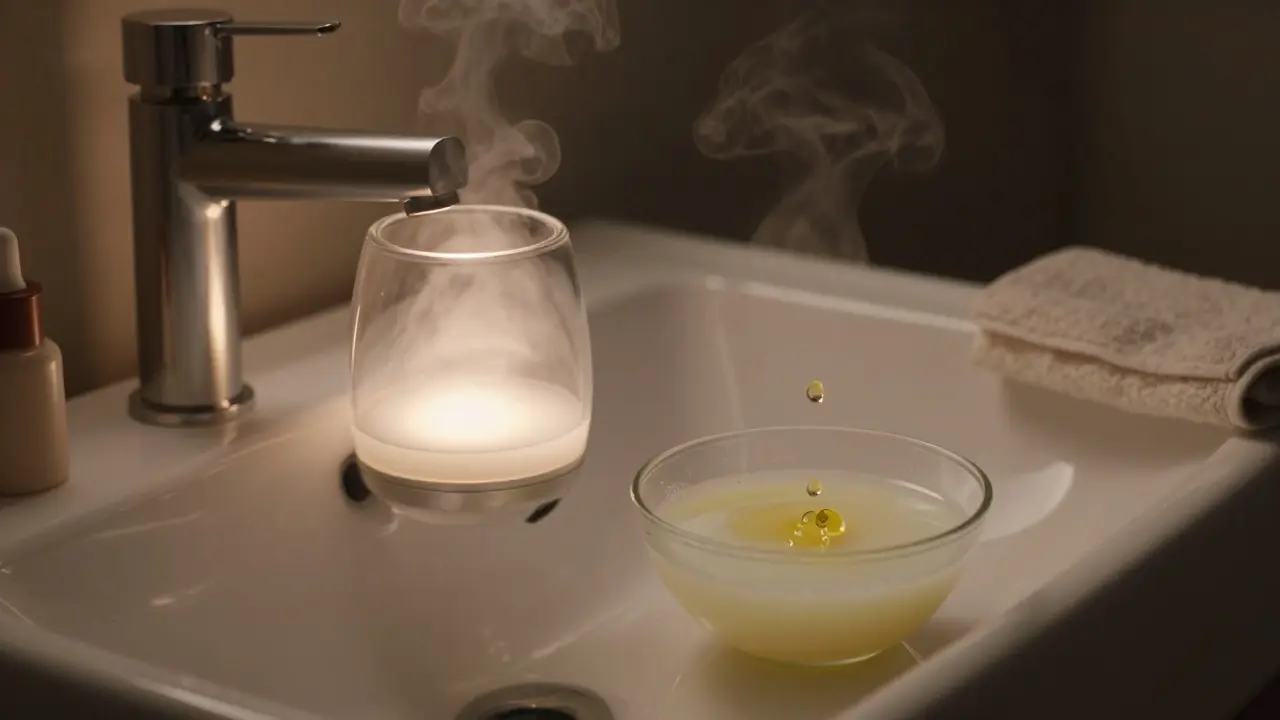 A calming bathroom setting with an essential oil diffuser releasing mist and a bowl for bath infusion, representing relaxation and sleep hygiene.