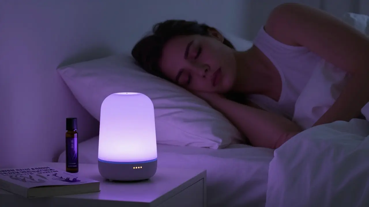 Athlete sleeping peacefully in a room with a glowing diffuser