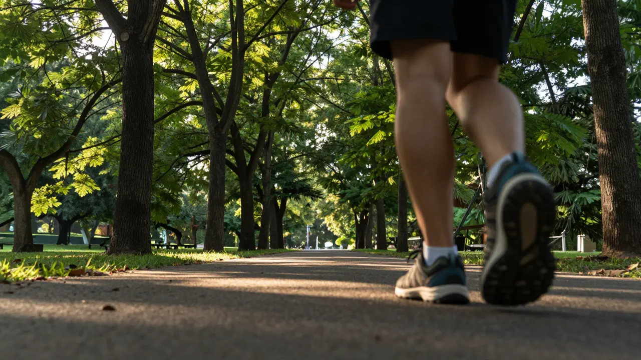 Close-up of feet walking on a path in a sun-dappled park, surrounded by greenery.