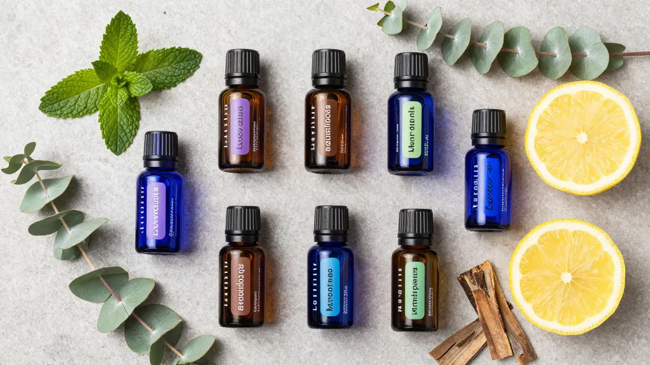 Flat lay of various essential oil bottles with corresponding plant ingredients like peppermint and eucalyptus, highlighting quality and botanical origins.