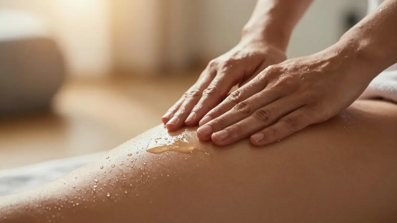 Hands applying diluted peppermint oil to a runner's calf muscle