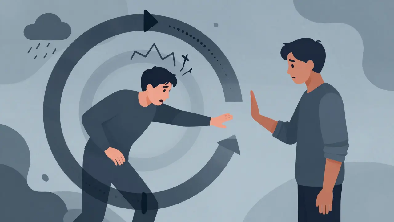 Illustration of person trapped in anxiety loop while partner sets boundaries