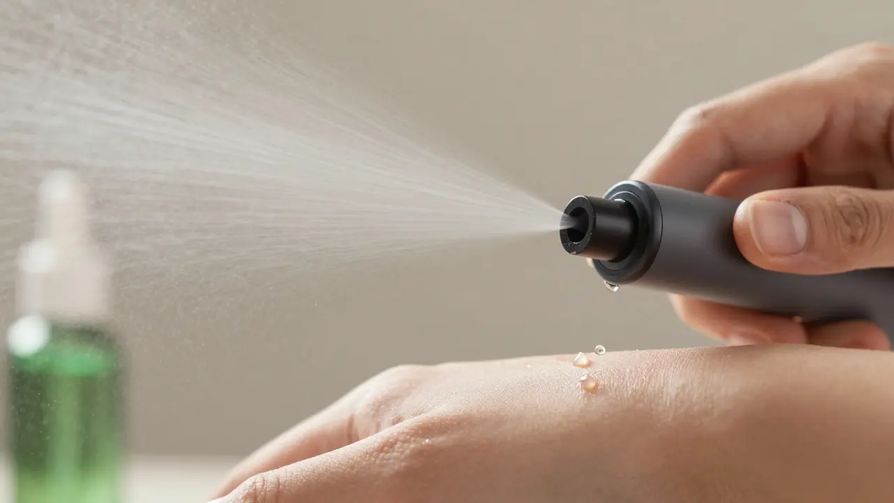 Macro view of essential oil mist being sprayed and applied to skin, illustrating the olfactory and dermal pathways of aromatherapy.